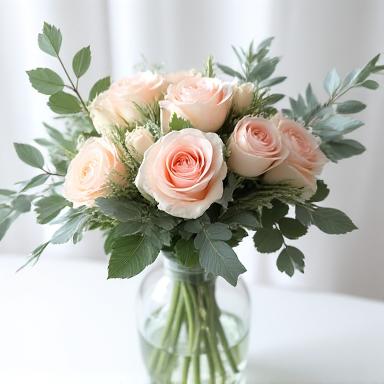 Elegante composizione di rose e eucalipto in vaso