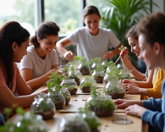 Gruppo di persone sorridenti che creano terrari durante un workshop, guidate da un insegnante